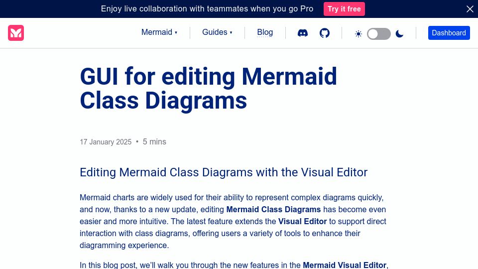 Screenshot of docs.mermaidchart.com: Show HN: GUI for editing Mermaid class diagrams