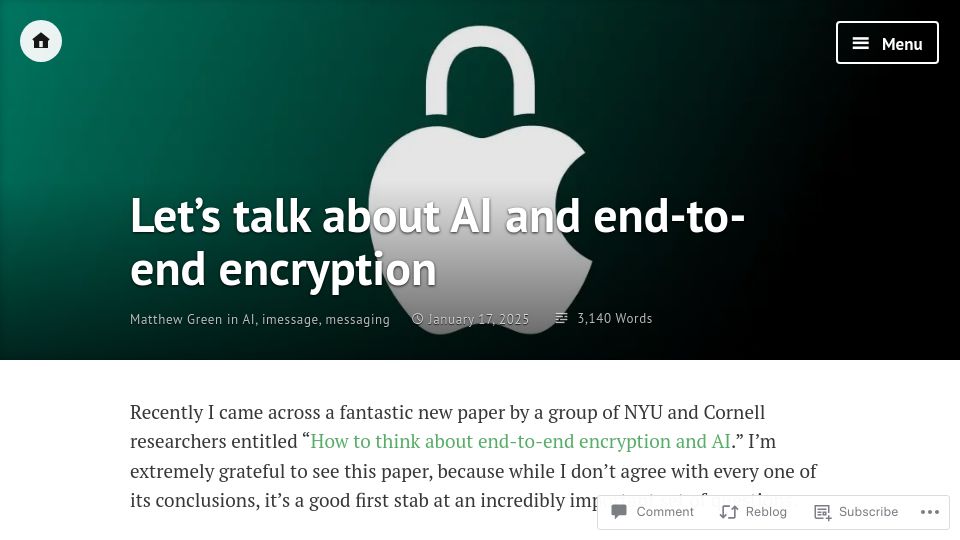 Screenshot of blog.cryptographyengineering.com: Let's talk about AI and end-to-end encryption