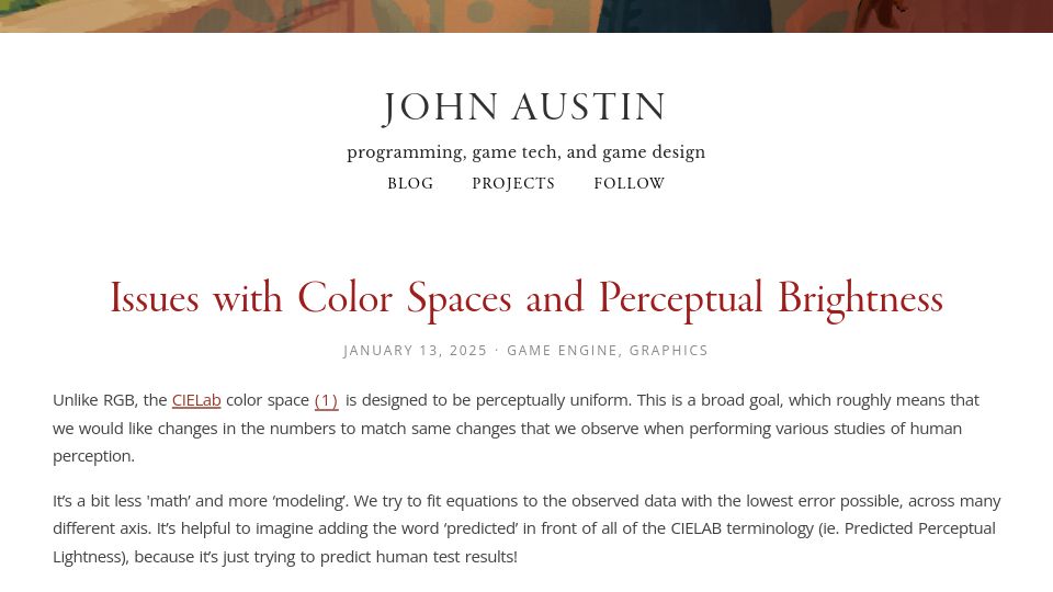 Screenshot of johnaustin.io: Issues with Color Spaces and Perceptual Brightness