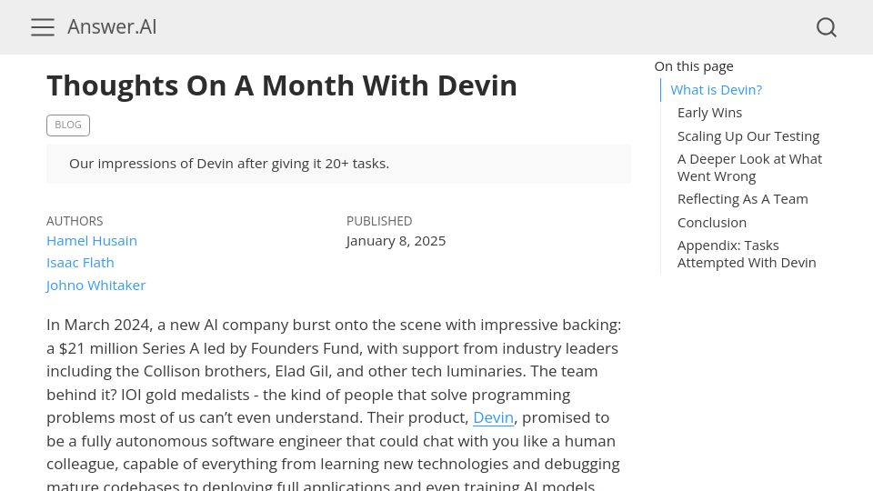 Screenshot of answer.ai: Thoughts on a Month with Devin