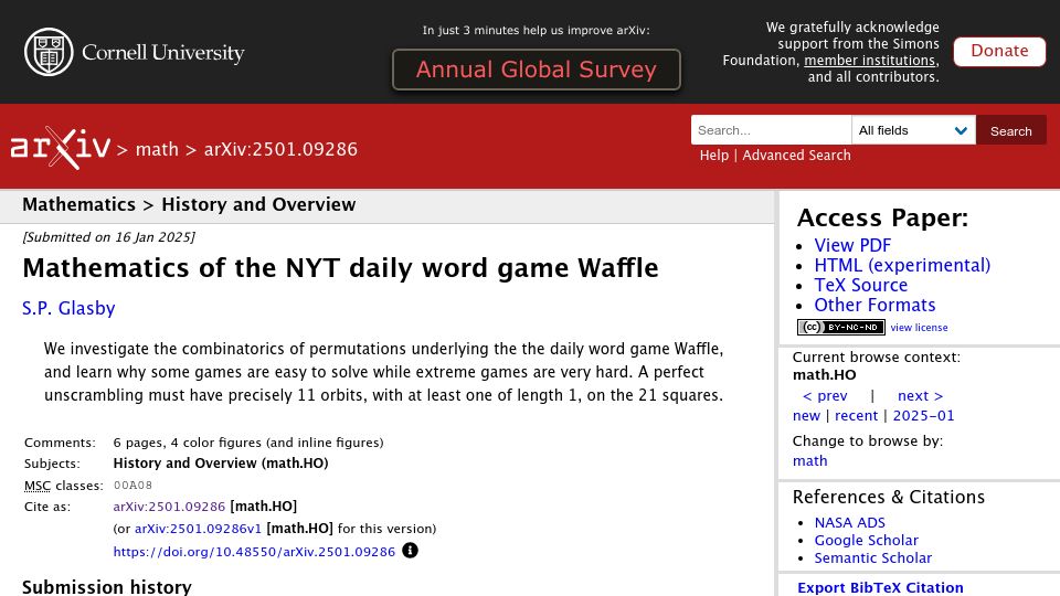 Screenshot of arxiv.org: Mathematics of the daily word game Waffle