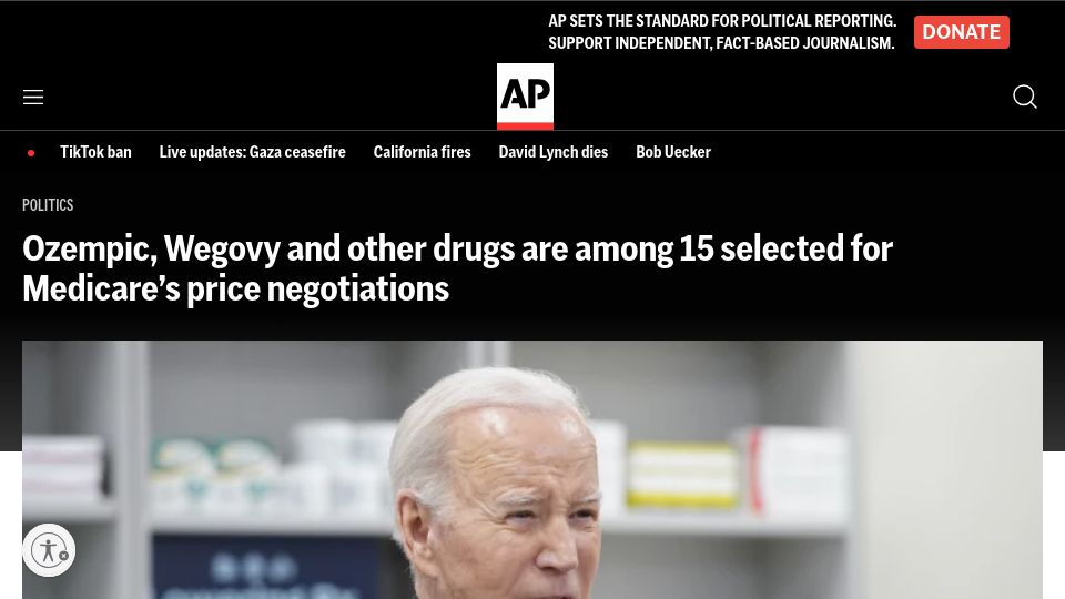 Screenshot of apnews.com: Ozempic and Wegovy are selected for Medicare's price negotiations