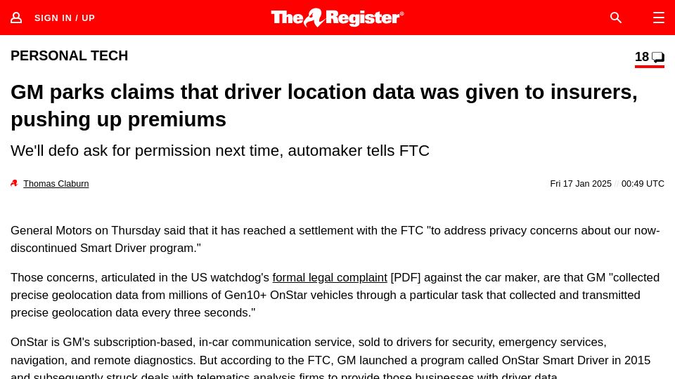 Screenshot of theregister.com: GM parks claims driver location data was given to insurers, pushing up premiums