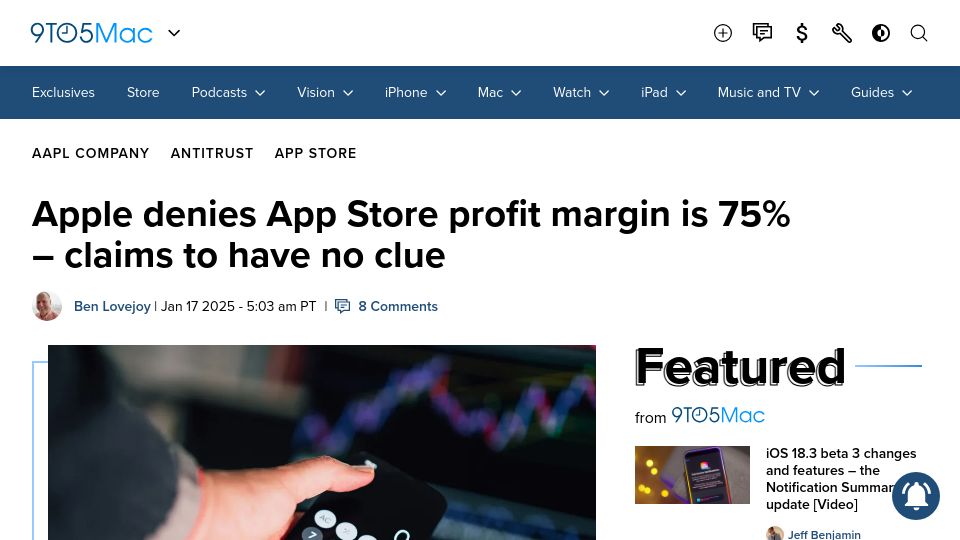 Screenshot of 9to5mac.com: Apple denies App Store profit margin is 75% – claims to have no clue