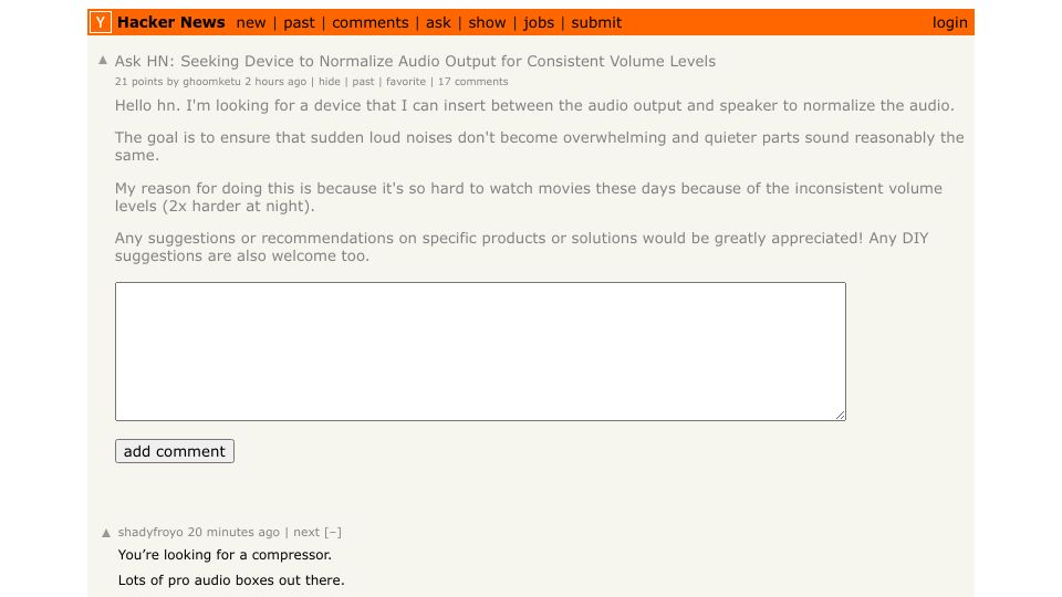 Screenshot of Hacker News post: Ask HN: Seeking Device to Normalize Audio Output for Consistent Volume Levels