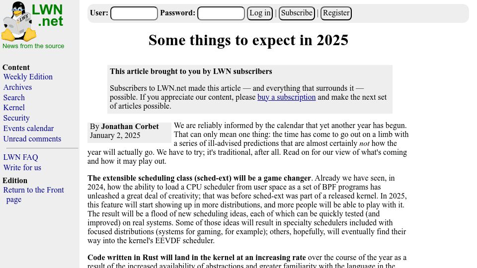 Screenshot of lwn.net: Some things to expect in 2025