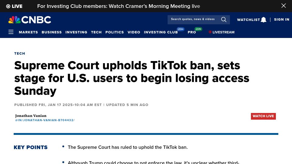 Screenshot of cnbc.com: Supreme Court upholds TikTok ban, but Trump might offer lifeline