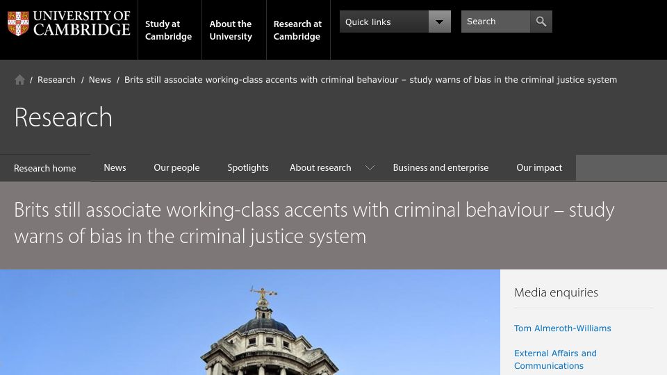 Screenshot of cam.ac.uk: Brits still associate working-class accents with criminals – study warns of bias