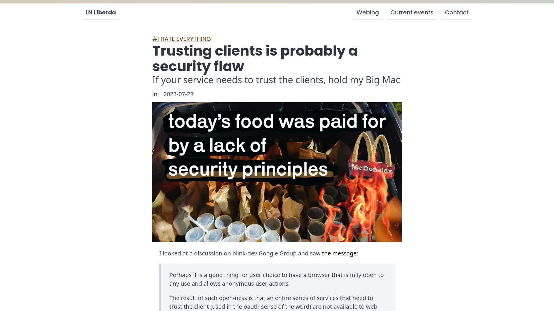 Screenshot of liberda.nl: Trusting clients is probably a security flaw