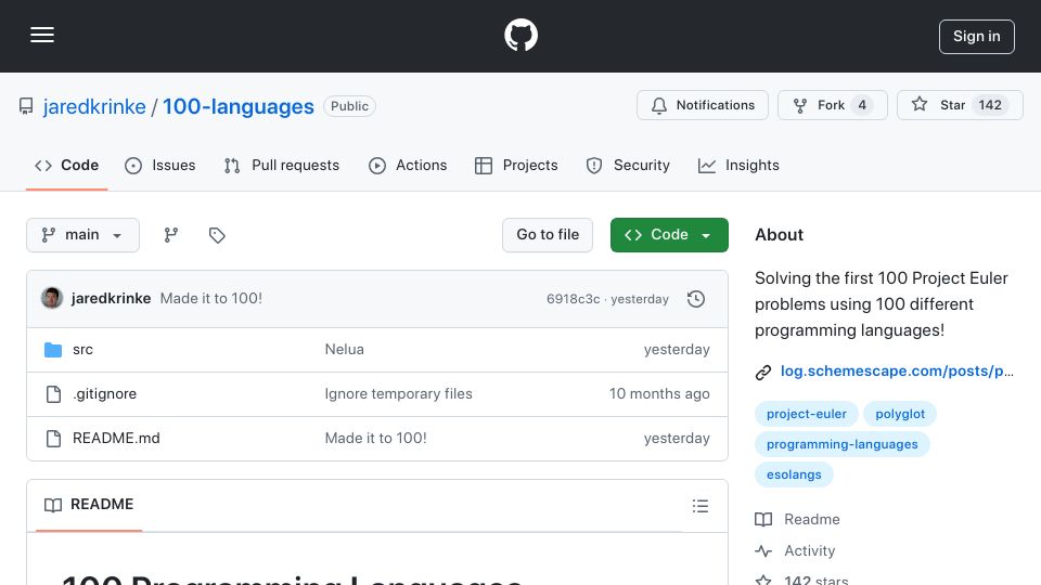 Screenshot of github.com: Solving the first 100 Project Euler problems using 100 languages