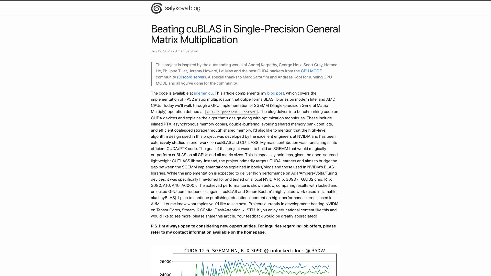 Screenshot of salykova.github.io: Beating cuBLAS in Single-Precision General Matrix Multiplication