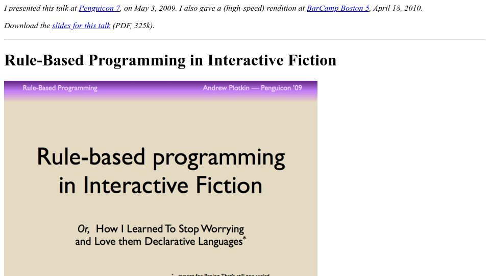 Screenshot of eblong.com: Rule-Based Programming in Interactive Fiction