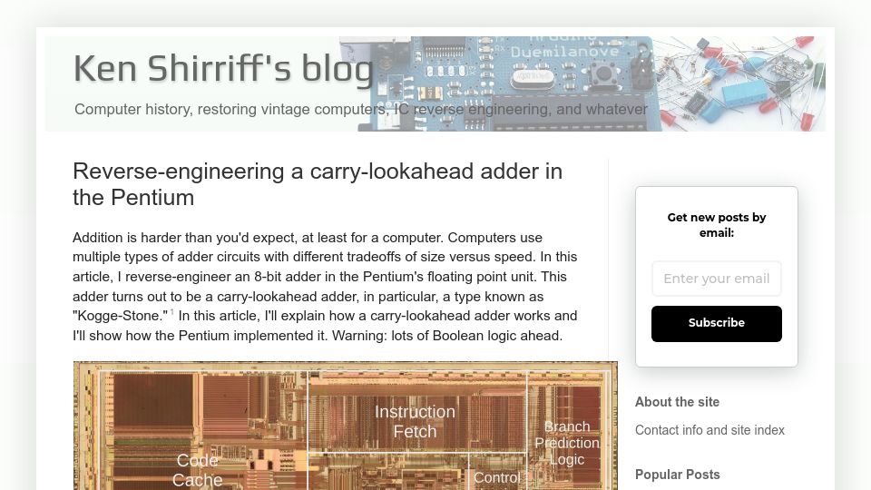 Screenshot of righto.com: Reverse-engineering a carry-lookahead adder in the Pentium