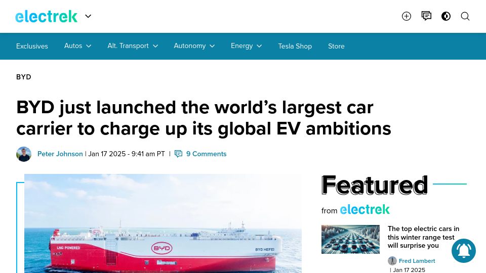 Screenshot of electrek.co: BYD just launched the largest car carrier to charge up its global EV ambitions