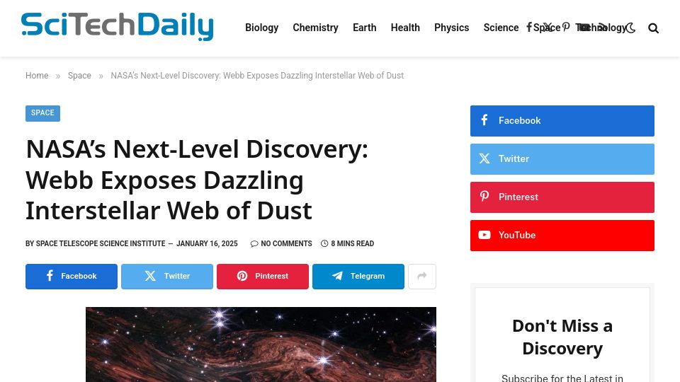 Screenshot of scitechdaily.com: NASA's Next-Level Discovery: Webb Exposes Dazzling Interstellar Web of Dust