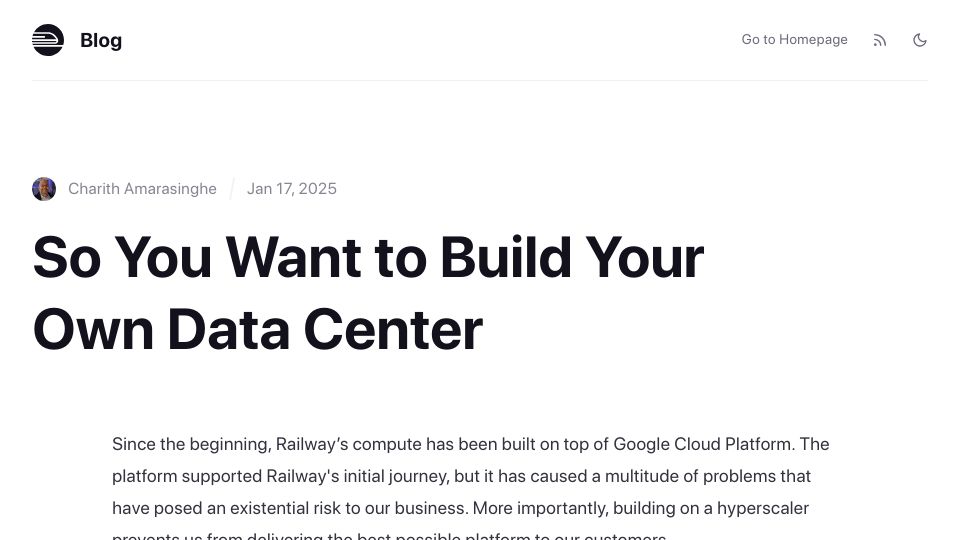 Screenshot of blog.railway.com: So you want to build your own data center