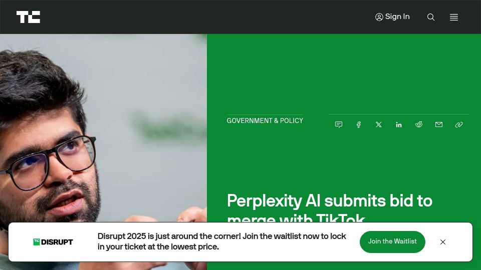 Screenshot of techcrunch.com: Perplexity AI submits bid to merge with TikTok
