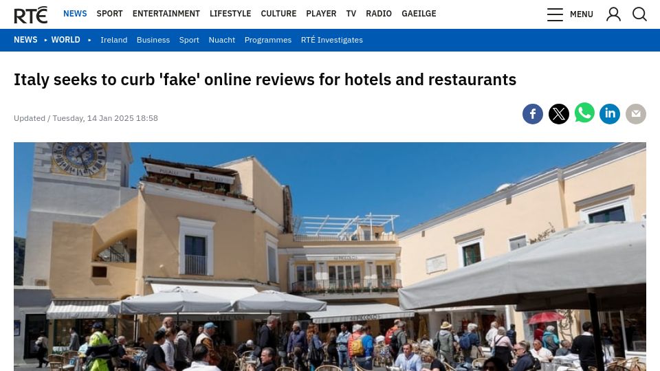 Screenshot of rte.ie: Italy seeks to curb 'fake' online reviews for hotels and restaurants