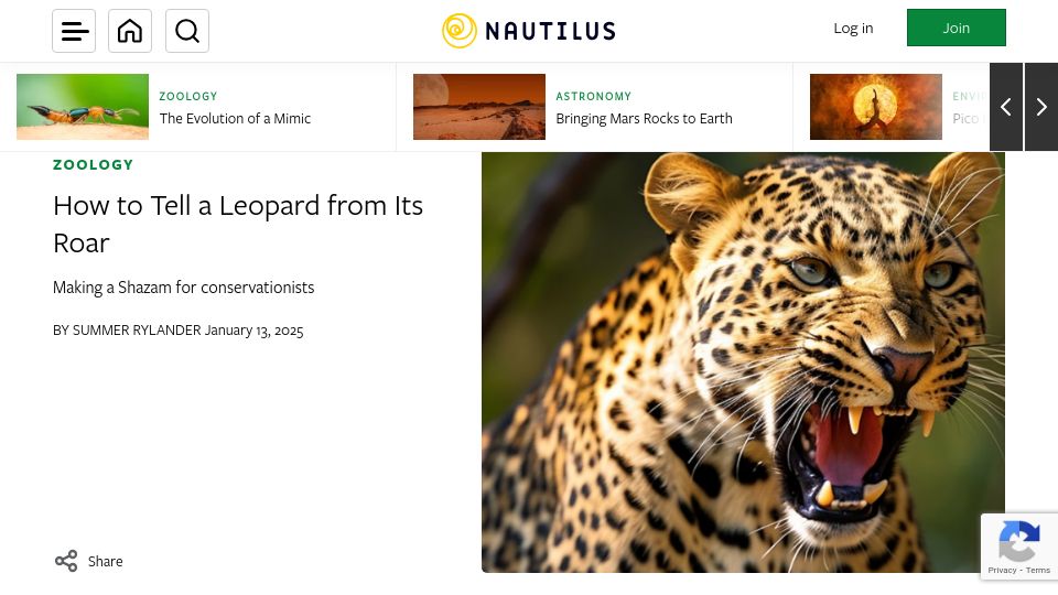 Screenshot of nautil.us: How to Tell a Leopard from Its Roar