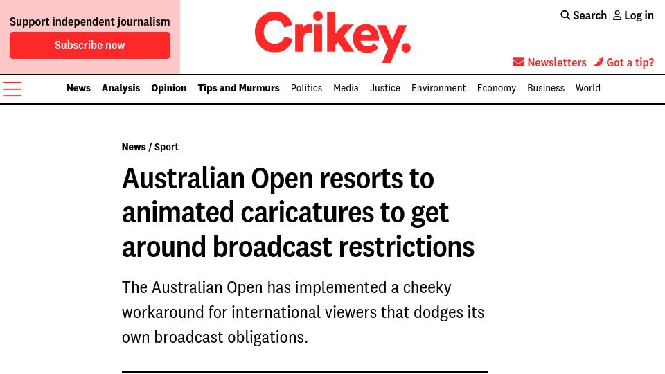 Screenshot of crikey.com.au: Australian Open resorts to animated caricatures to bypass broadcast restrictions