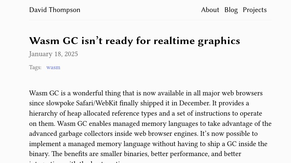 Screenshot of dthompson.us: WASM GC isn't ready for realtime graphics