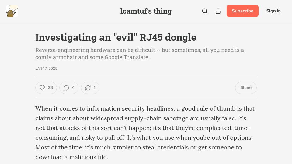 Screenshot of lcamtuf.substack.com: Investigating an “evil” RJ45 dongle