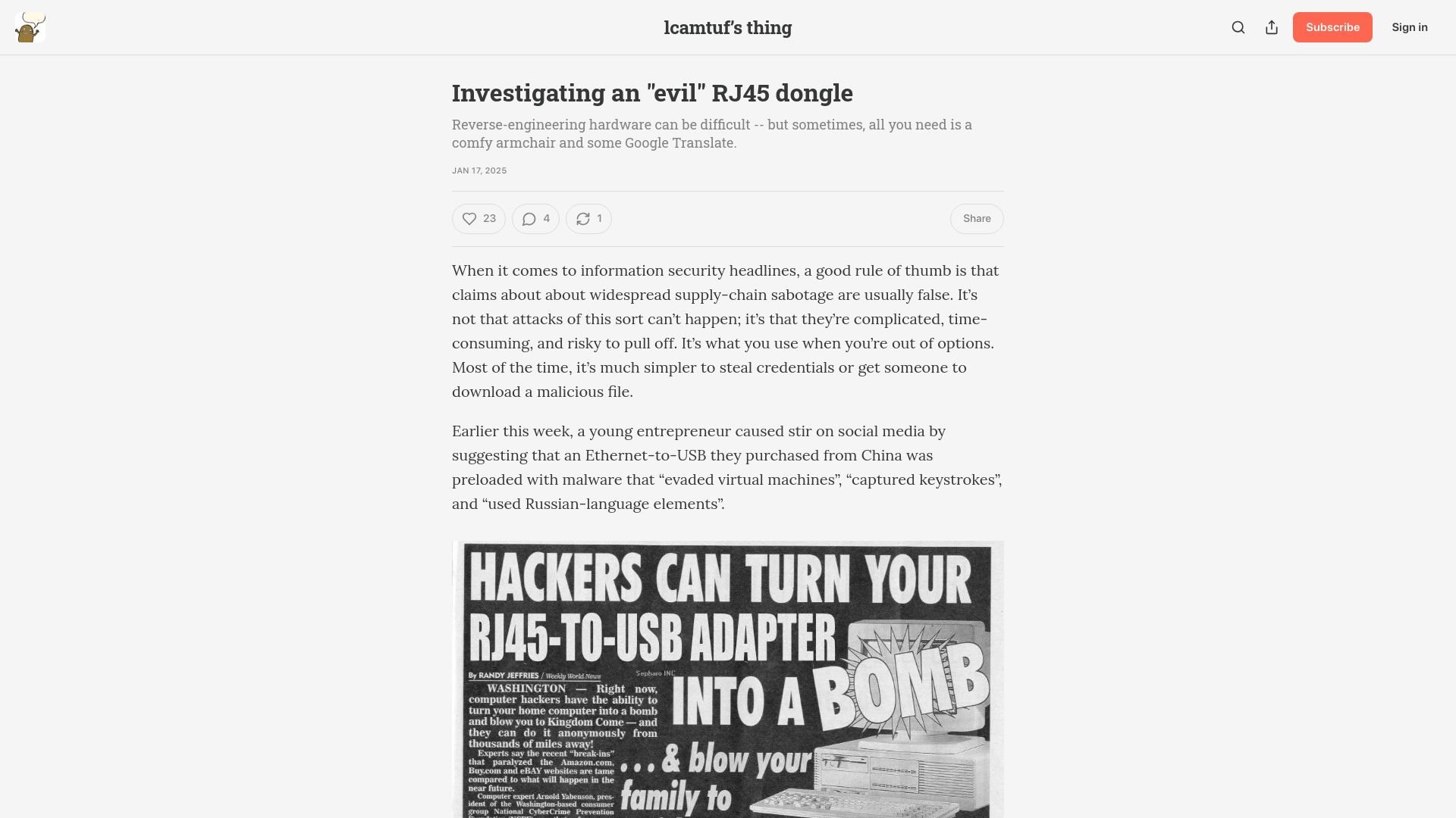 Screenshot of lcamtuf.substack.com: Investigating an “evil” RJ45 dongle