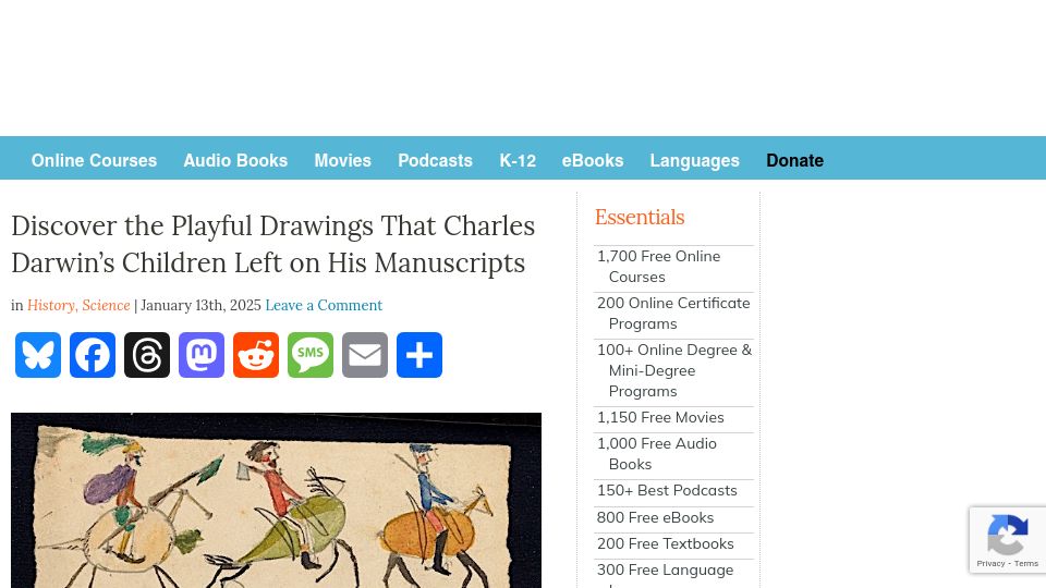 Screenshot of openculture.com: Playful Drawings That Charles Darwin's Children Left on His Manuscripts