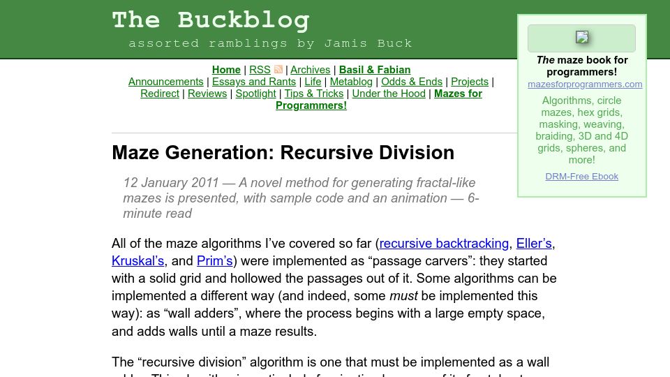 Screenshot of weblog.jamisbuck.org: Maze Generation: Recursive Division (2011)
