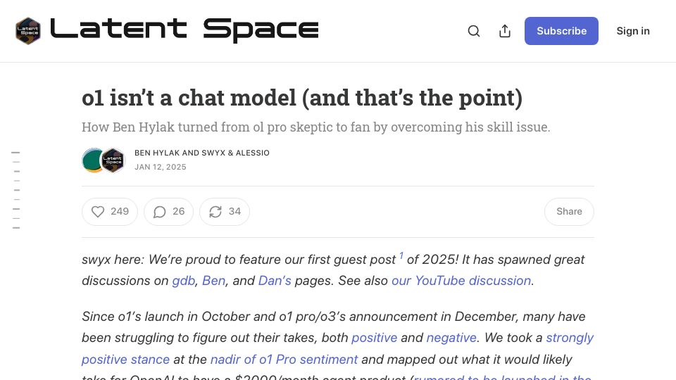 Screenshot of latent.space: O1 isn't a chat model (and that's the point)