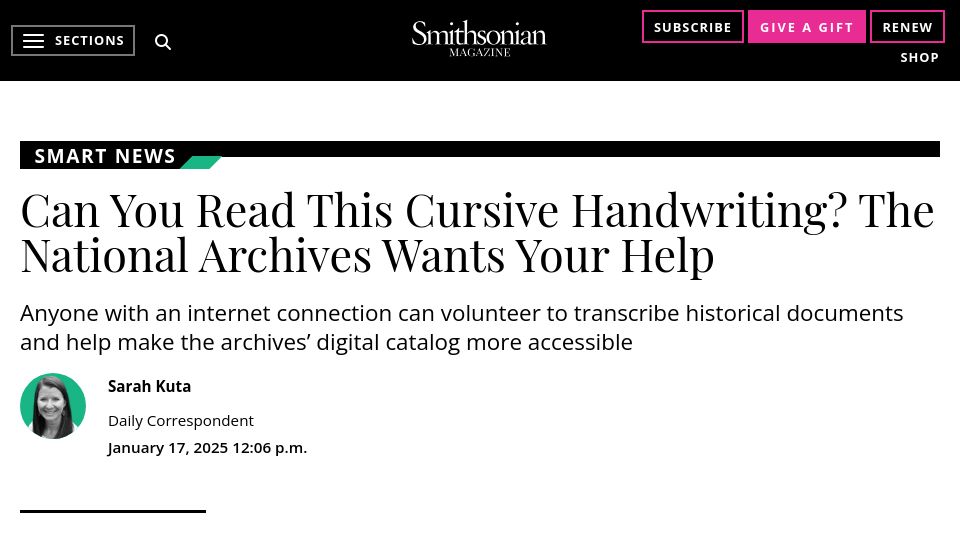Screenshot of smithsonianmag.com: Can you read this cursive handwriting? The National Archives wants your help