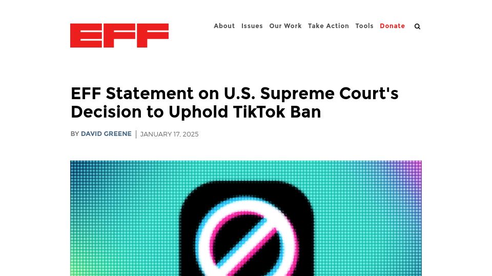 Screenshot of eff.org: EFF statement on U.S. Supreme Court's decision to uphold TikTok ban