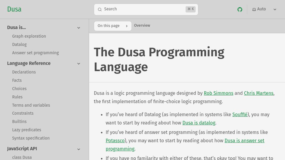 Screenshot of dusa.rocks: Dusa Programming Language (Finite-Choice Logic Programming)