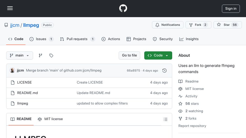 Screenshot of github.com: Show HN: LLMpeg