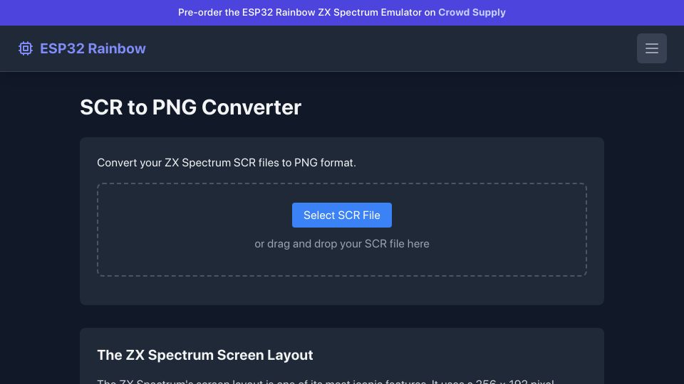 Screenshot of esp32rainbow.com: Show HN: ZX Spectrum SCR to PNG Converter