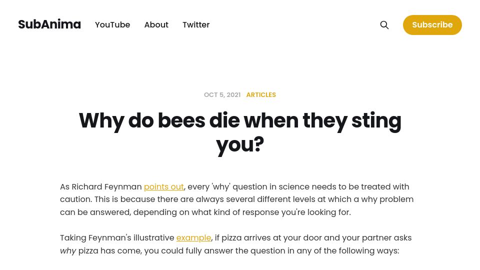 Screenshot of subanima.org: Why do bees die when they sting you? (2021)