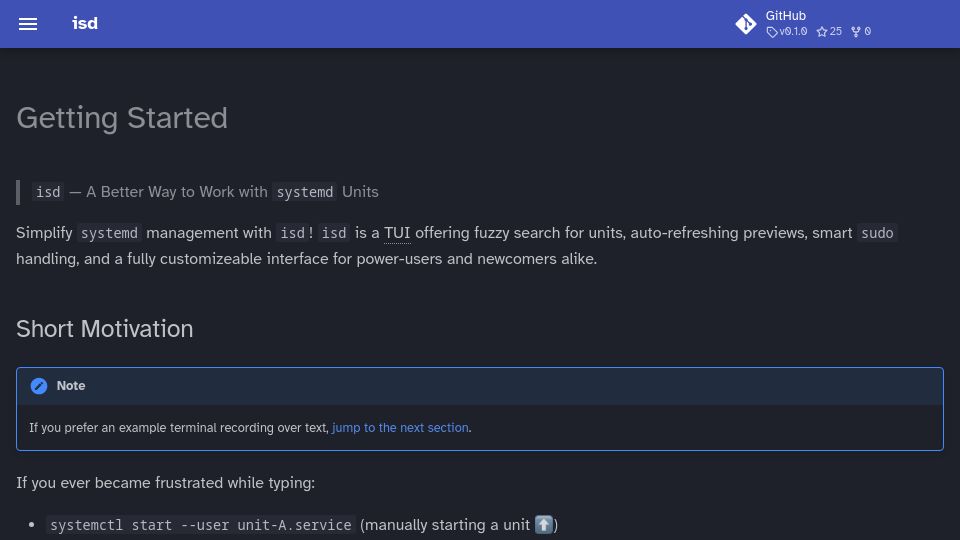 Screenshot of isd-project.github.io: Show HN: Interactive systemd – a better way to work with systemd units