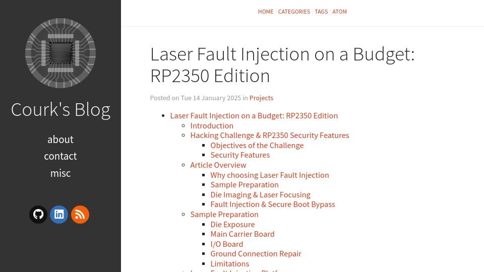 Screenshot of courk.cc: Laser Fault Injection on a Budget: RP2350 Edition