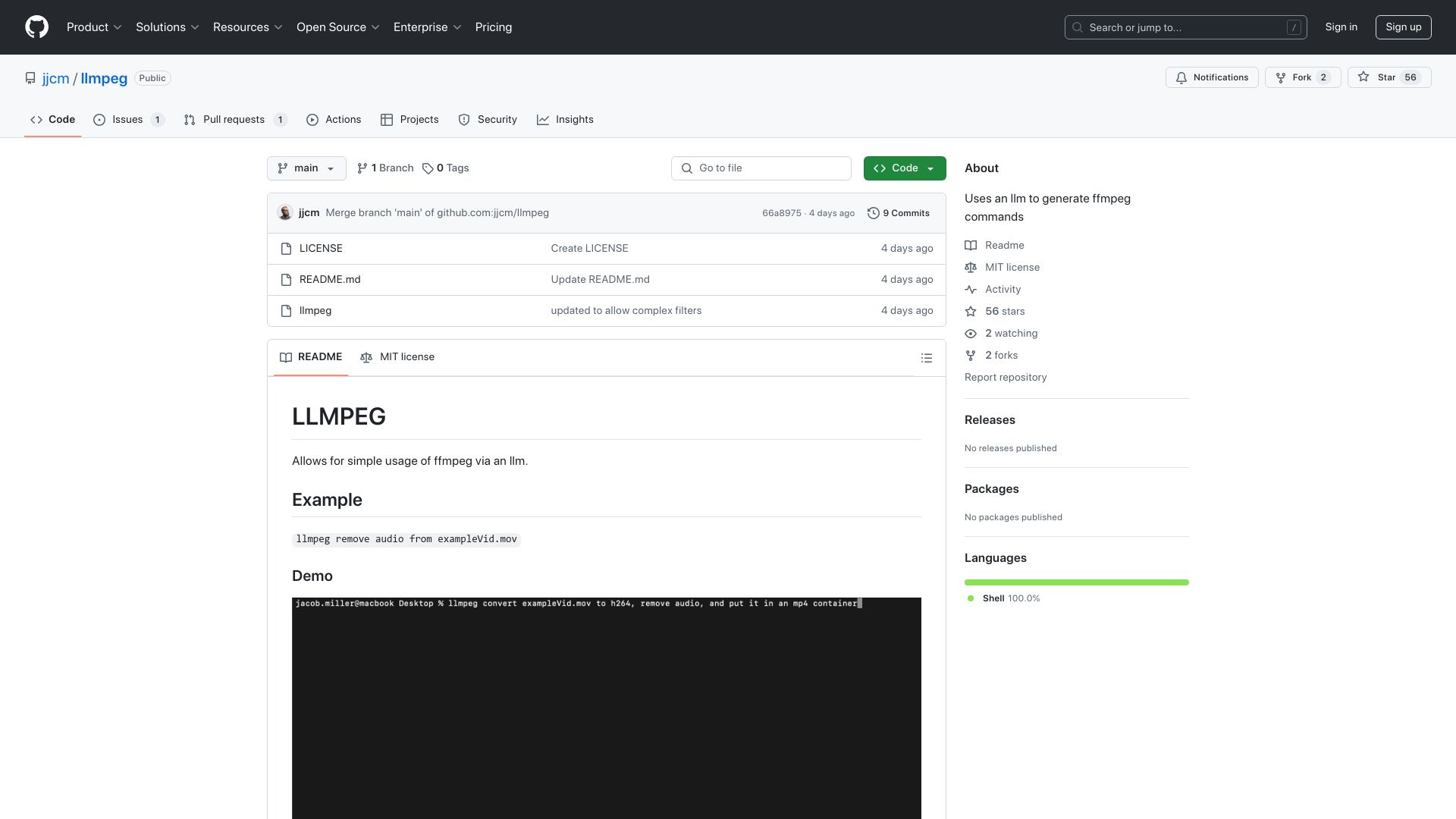 Screenshot of github.com: Show HN: LLMpeg