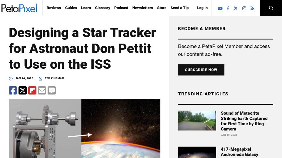 Screenshot of petapixel.com: Designing a Star Tracker for Astronaut Don Pettit to Use on the ISS