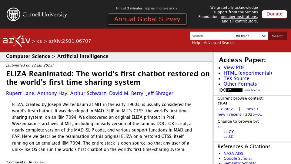 Screenshot of arxiv.org: ELIZA Reanimated