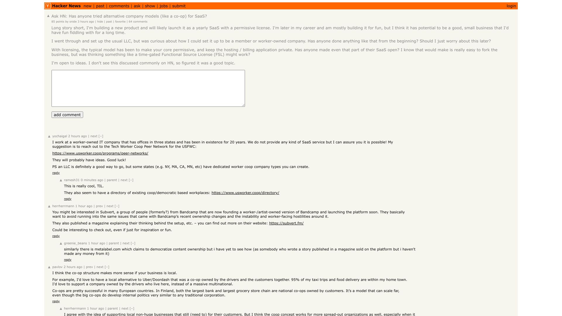 Screenshot of this Hacker News post: Ask HN: Has anyone tried alternative company models (like a co-op) for SaaS?