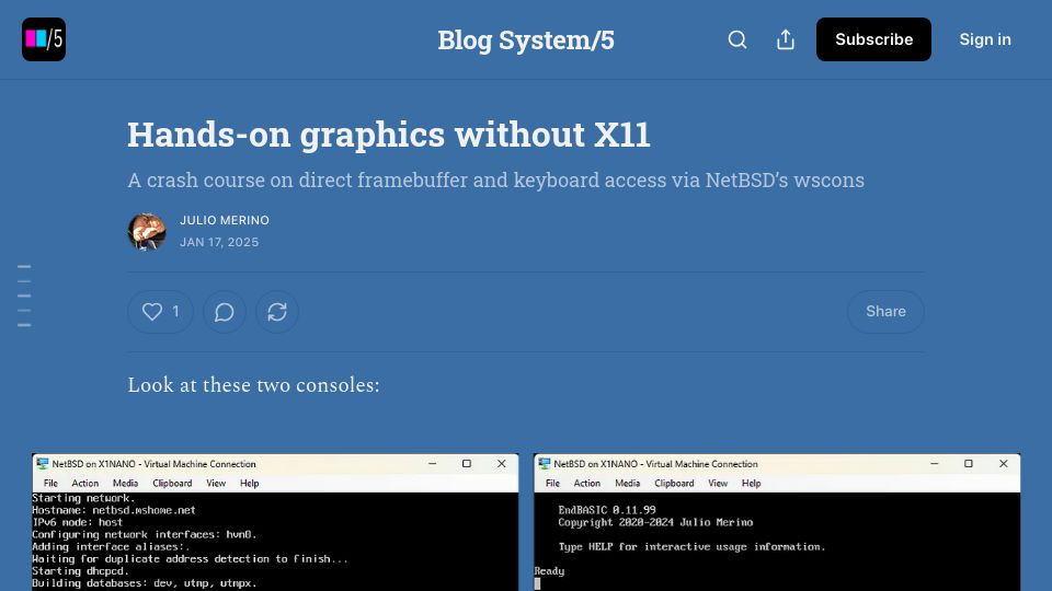 Screenshot of blogsystem5.substack.com: Hands-On Graphics Without X11