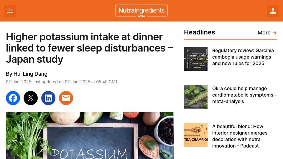 Screenshot of nutraingredients-asia.com: Higher potassium intake at dinner linked to fewer sleep disturbances – study