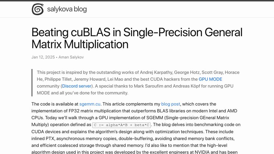 Screenshot of salykova.github.io: Beating cuBLAS in Single-Precision General Matrix Multiplication