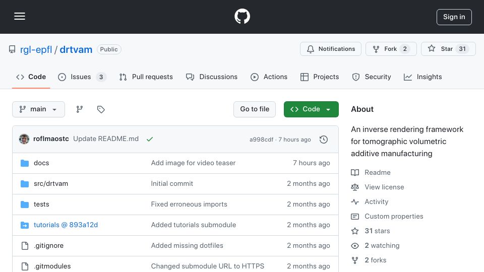 Screenshot of github.com: Dr. TVAM – Inverse Rendering for Tomographic Volumetric Additive Manufacturing