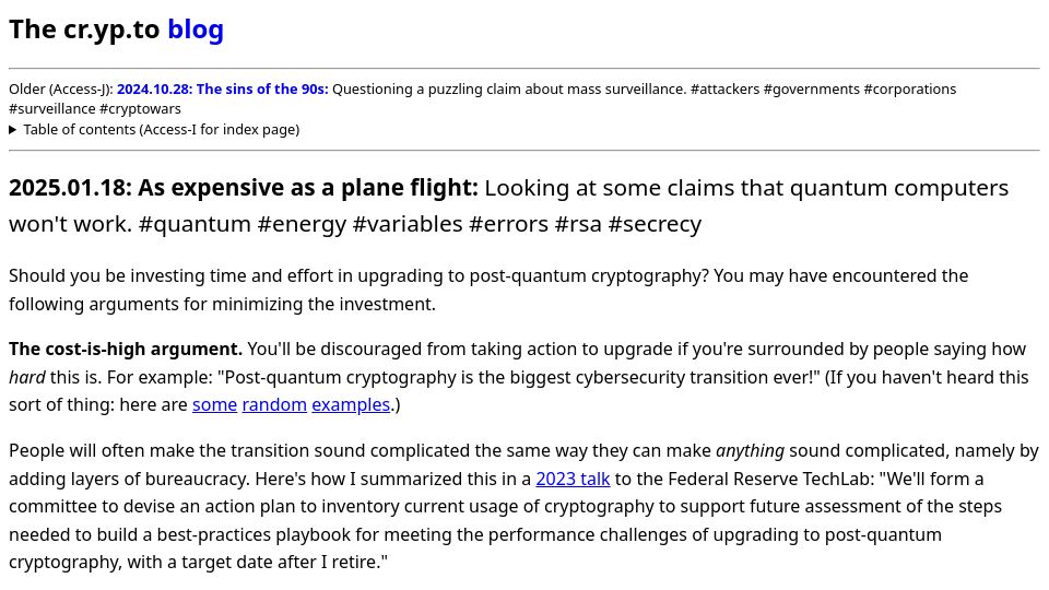 Screenshot of blog.cr.yp.to: Looking at some claims that quantum computers won't work