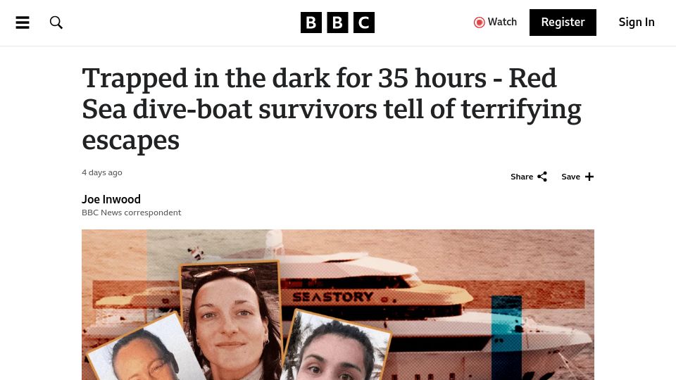 Screenshot of bbc.com: Trapped in the dark for 35 hours – Red Sea dive-boat survivors tell of escapes