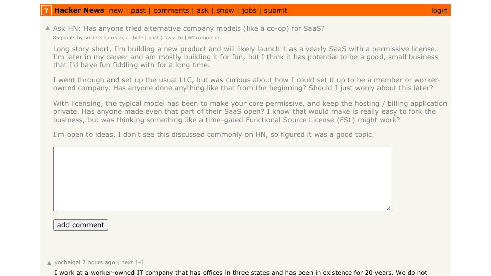 Screenshot of Hacker News post: Ask HN: Has anyone tried alternative company models (like a co-op) for SaaS?