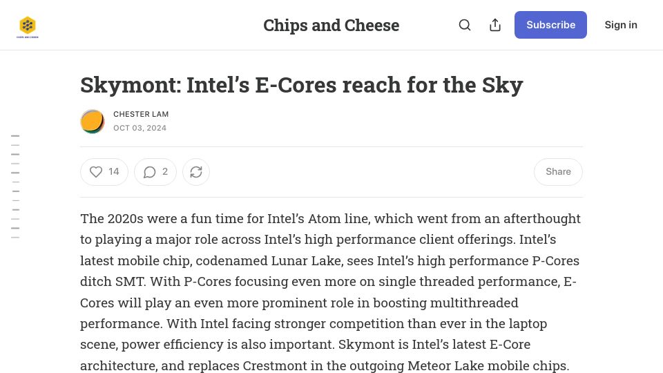Screenshot of chipsandcheese.com: Skymont: Intel's E-Cores reach for the Sky